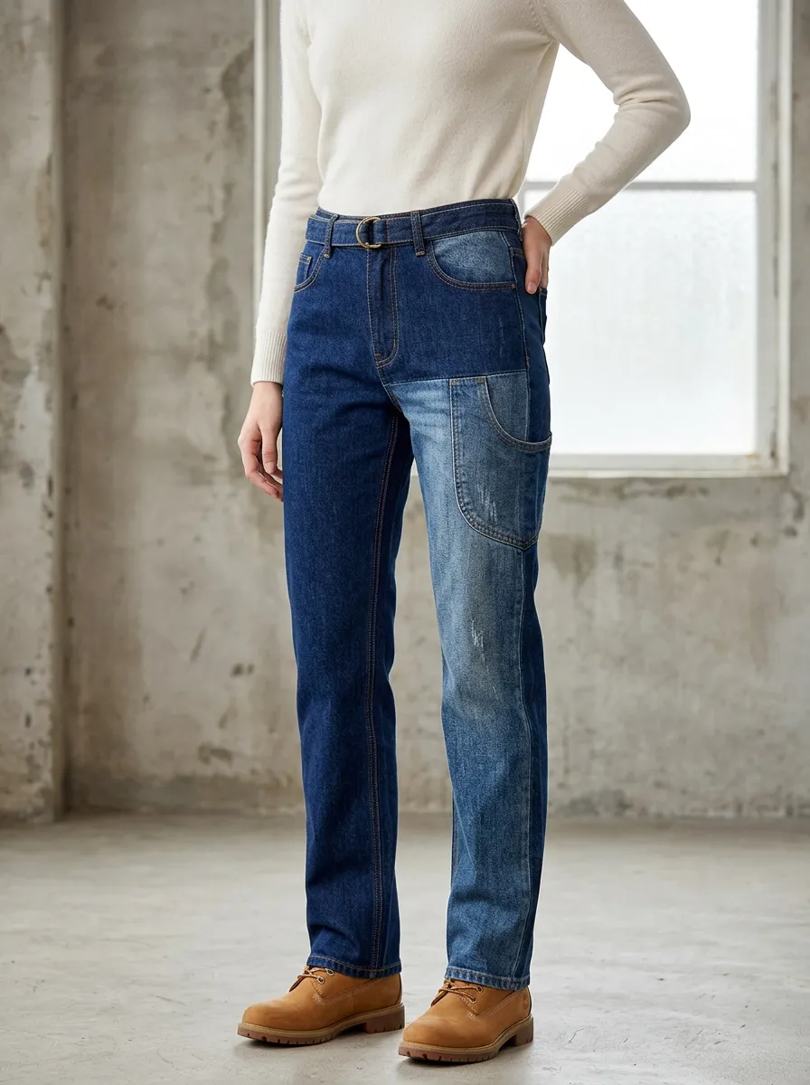 Women's Casual Fashion Two-Tone Colorblock Denim Jeans