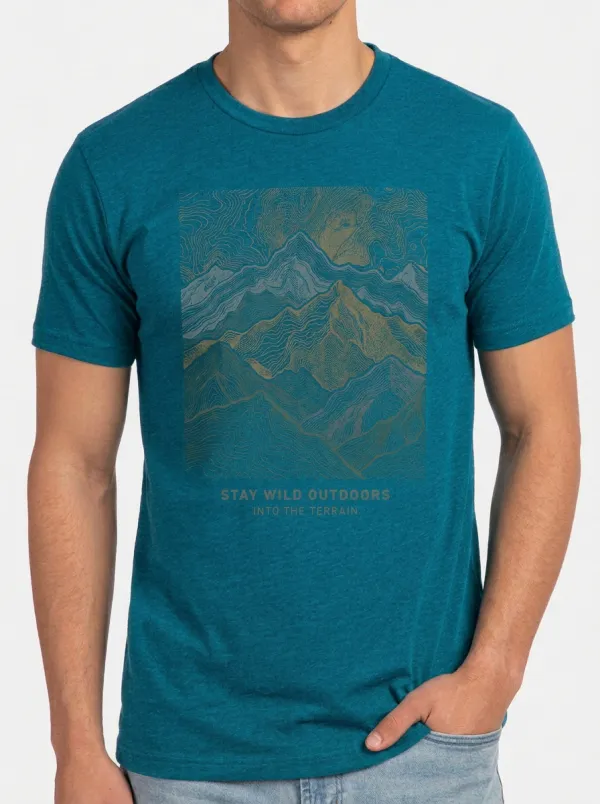 Men's Crewneck Rugged Terrain Outdoor Adventure Mountain Topographic Graphic T-Shirt