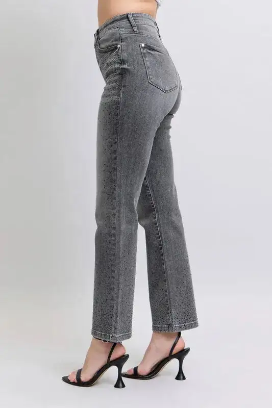 High Waist Rhinestone Straight Plus Denim Jeans