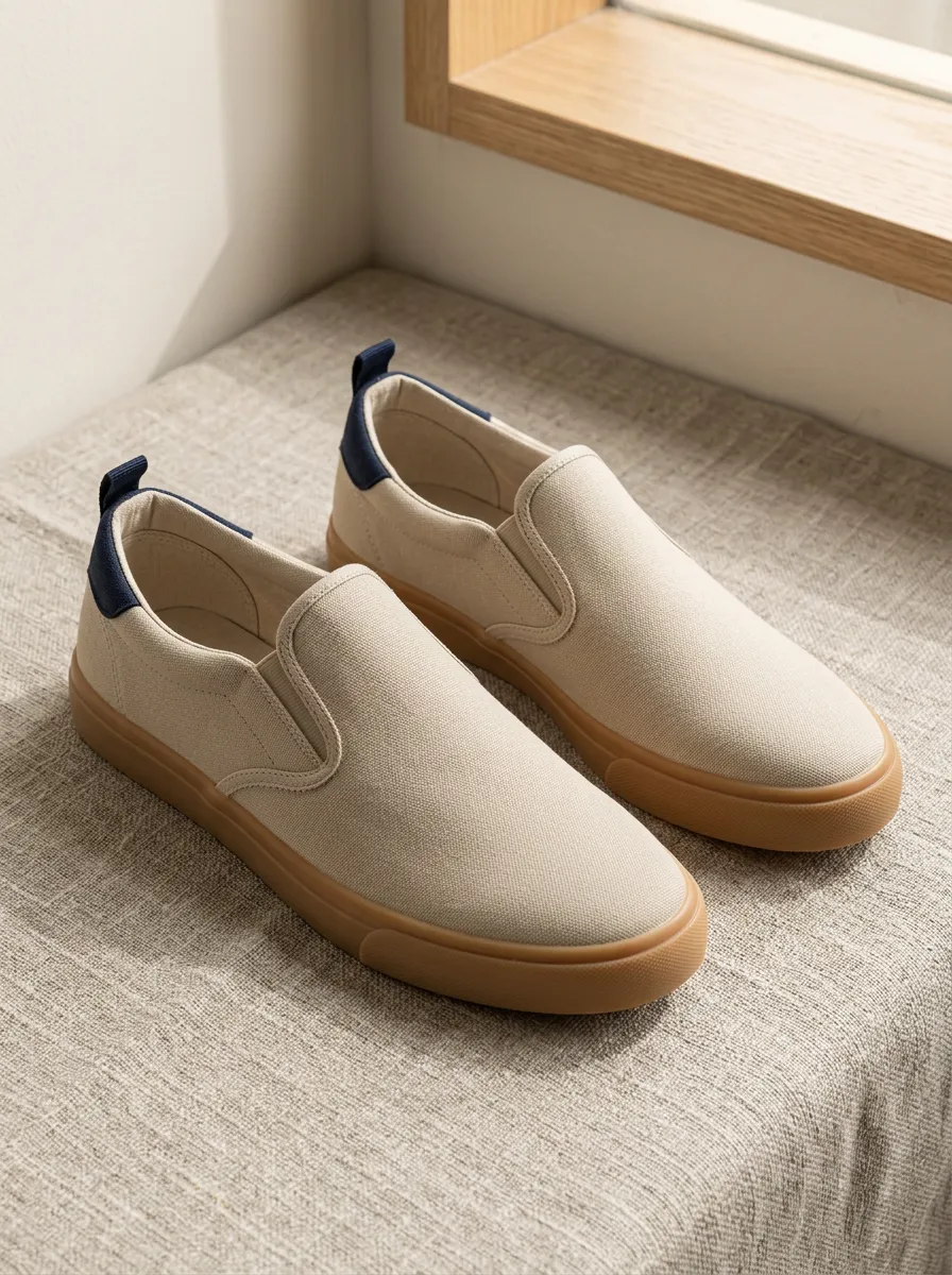 Men's Beige Canvas Slip-on Gum Sole Printed Shoes