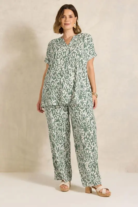 Khaki Green Aztec Print Wide Leg Trouser