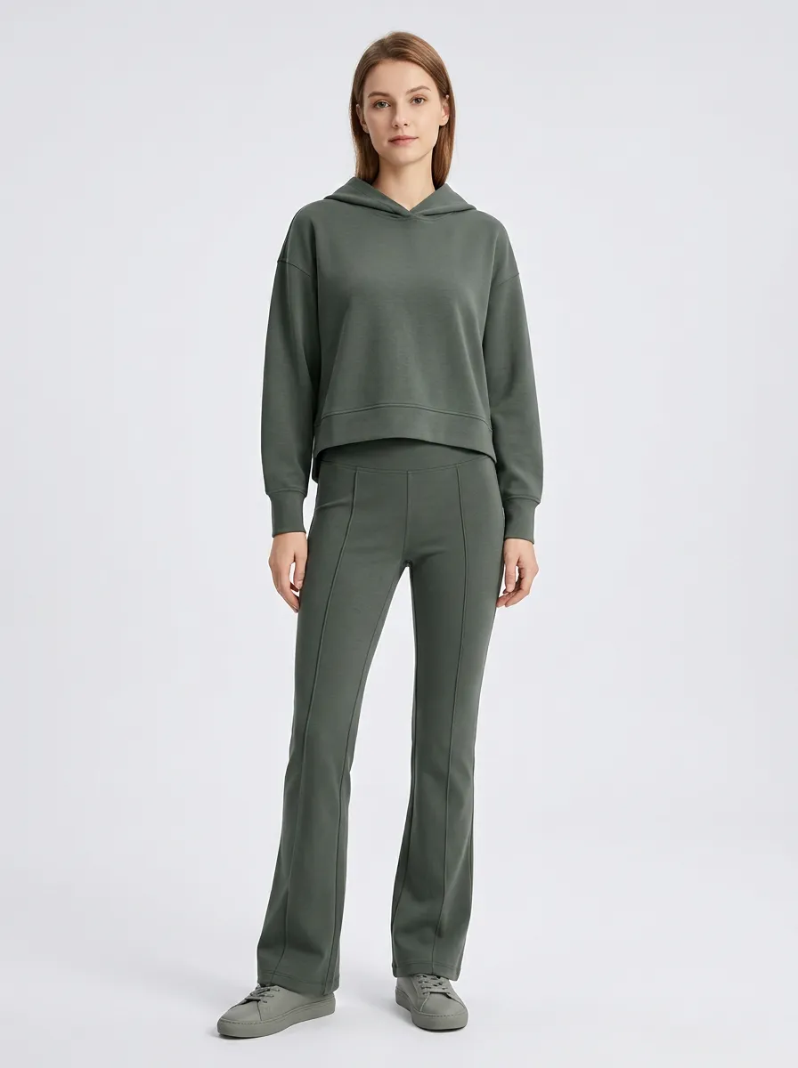 Women's Solid Olive Green Casual Hoodie and Flare Pants Set