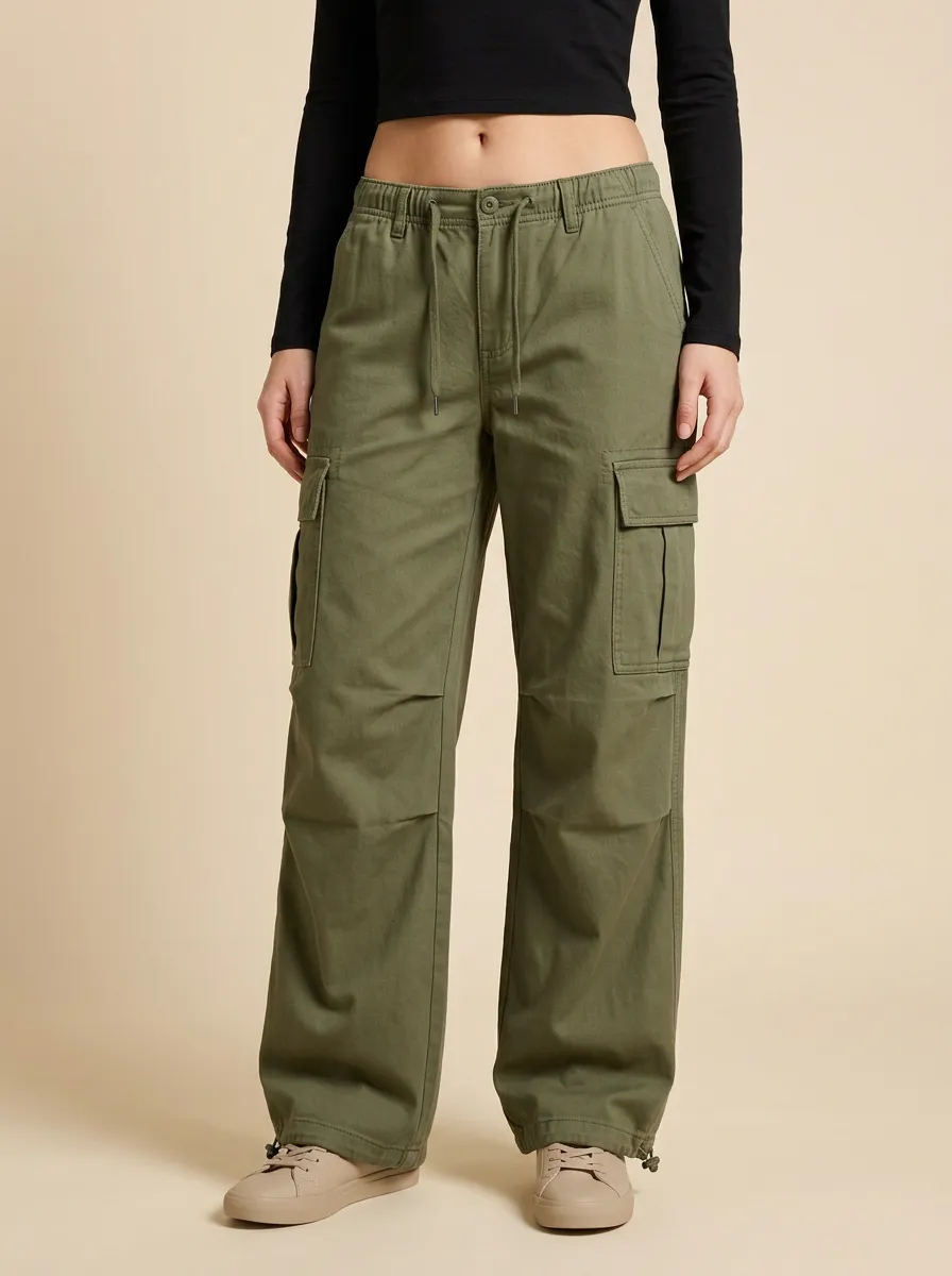 Women's Mid-Rise Elastic-Waist Drawstring Flap-Pocket Utility Cargo Pants