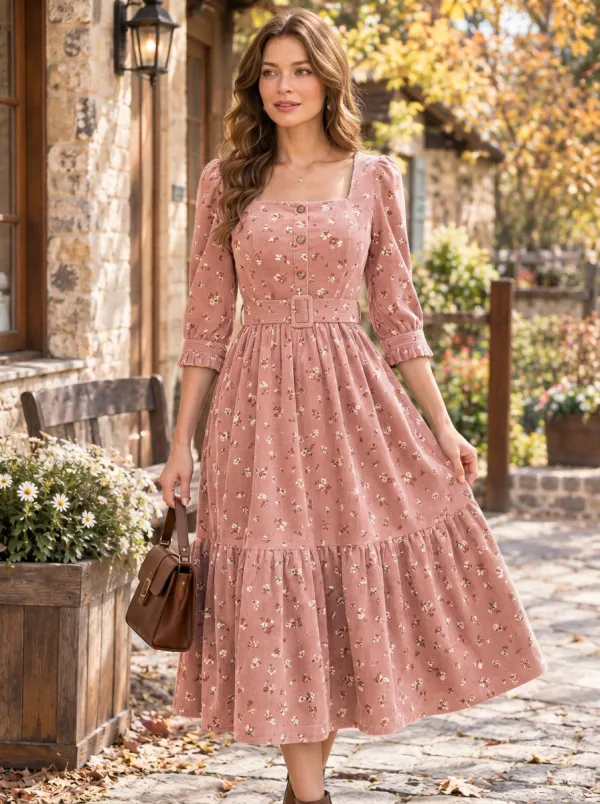 Women's Brown Vintage Floral Brown Corduroy High-Waist 3/4 Sleeve Midi Dress