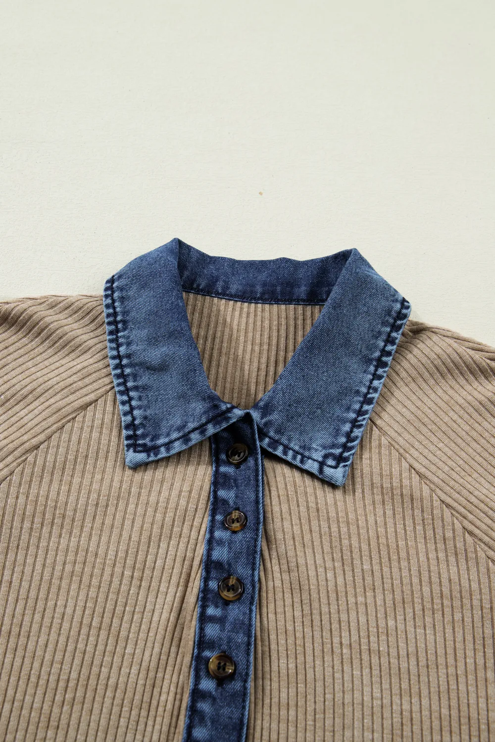 Beige Ribbed Knit Denim Patchwork Top