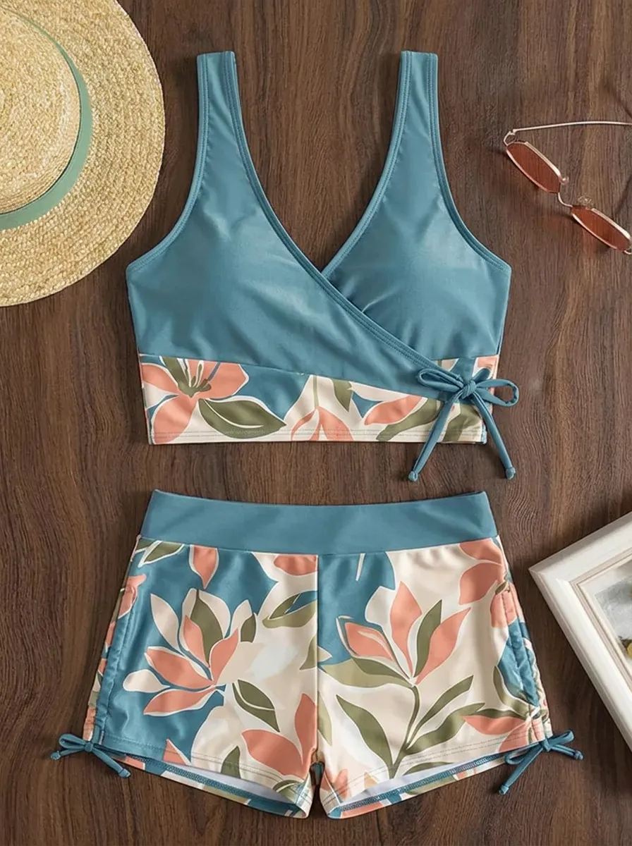 Women's Tropical Floral Wrap Printed Bikini Set