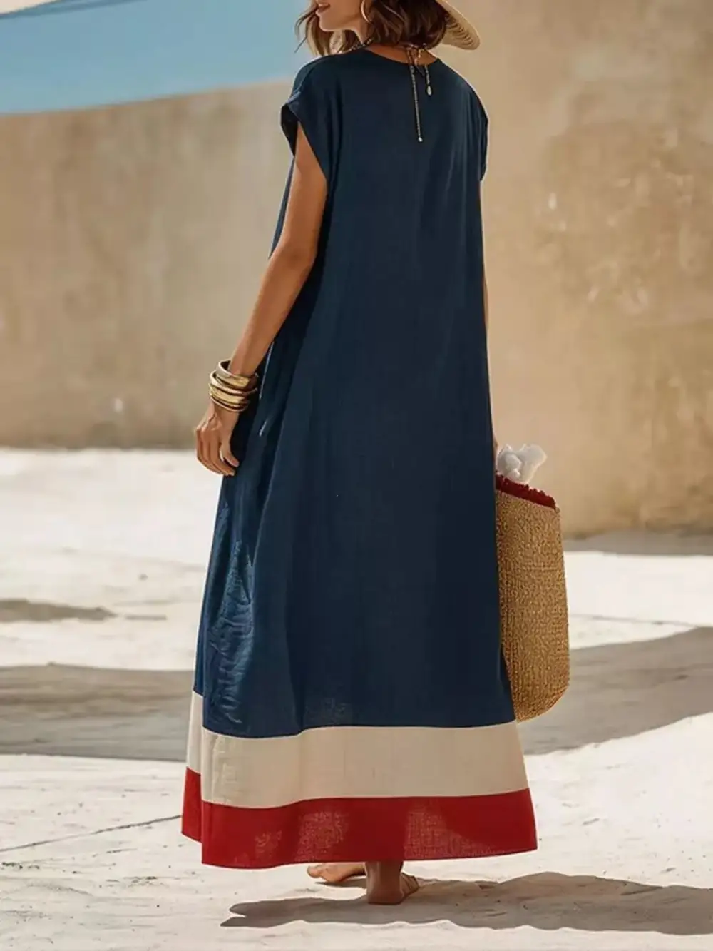 Color Block Hem V Neck Maxi Dress