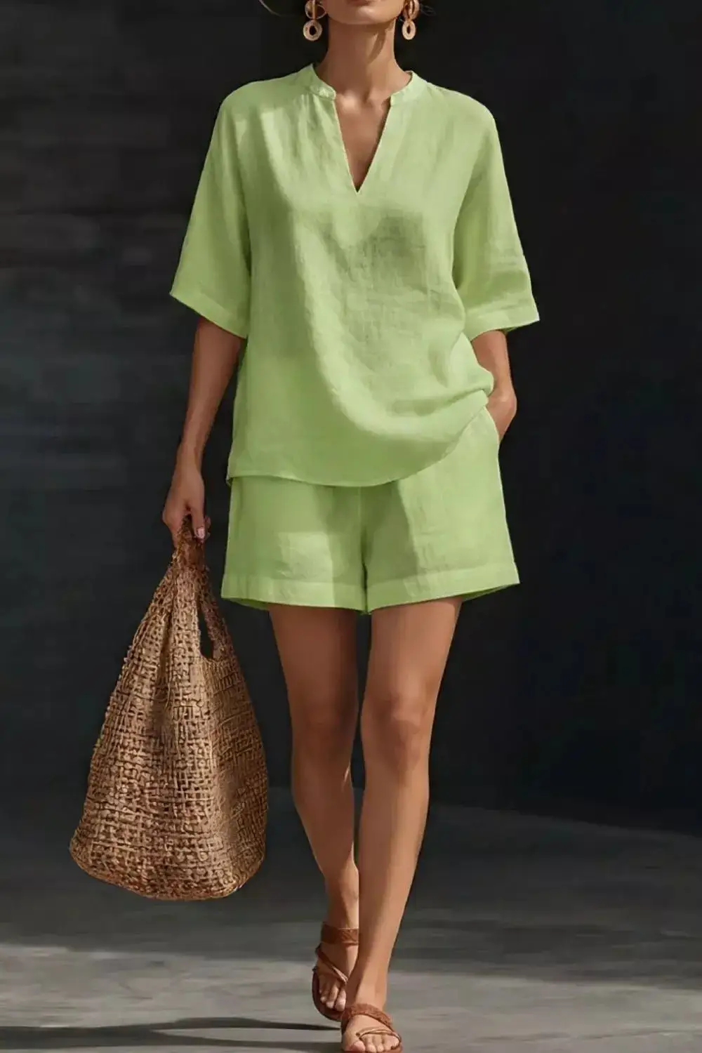 Relaxed Notched Half Sleeve Top and Shorts Set