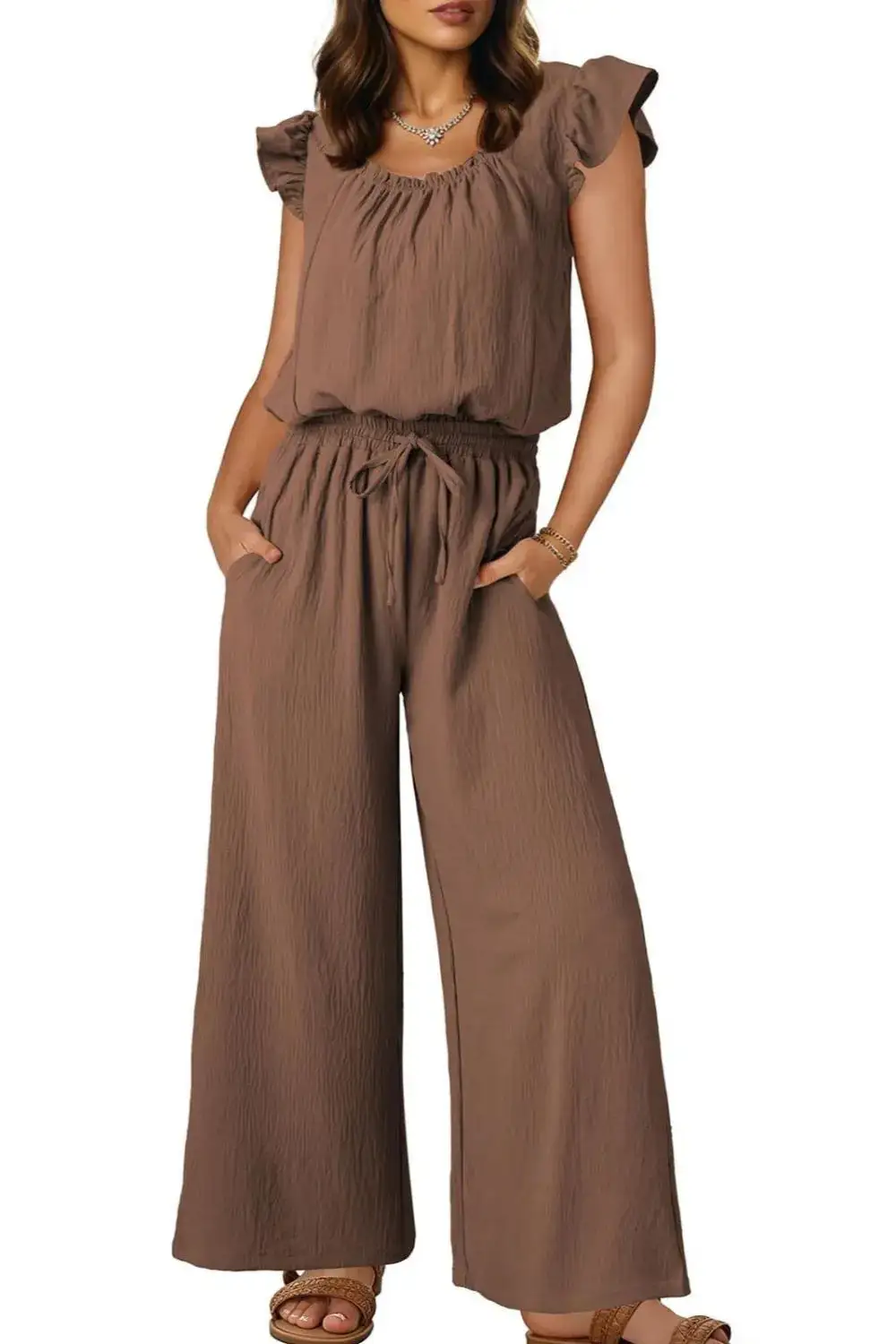 Ruffled Cap Sleeve Wide Leg Jumpsuit Accessory