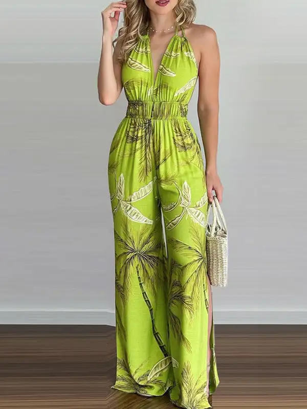 Irregular Printed Halter Neck Jumpsuit