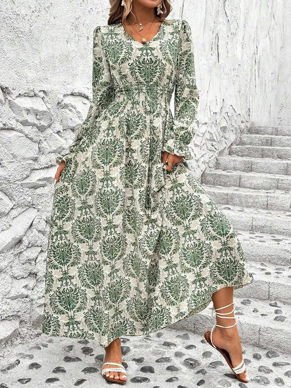 Boho Floral V-Neck Long-Sleeve Smocked Waist Swing Maxi Casual Dress