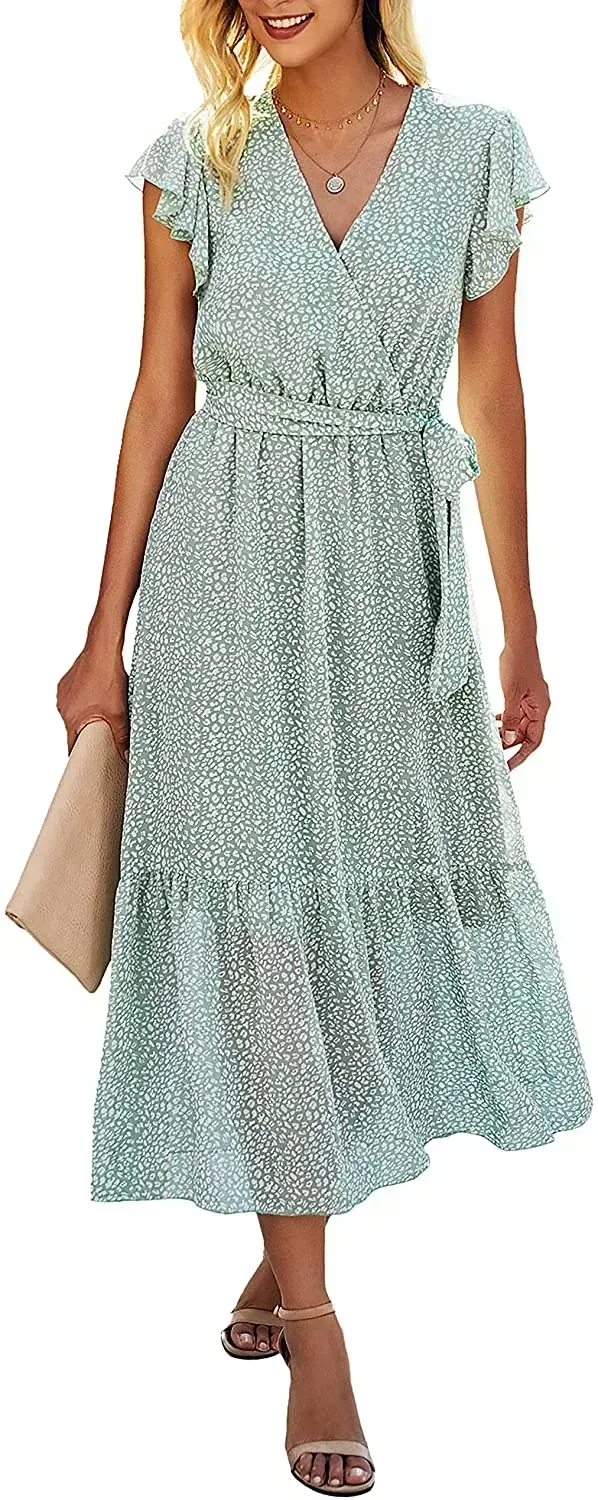 Women Summer Bohemian Floral Casual Wrap V Neck Ruffle Cap Sleeveless Belt A-Line Pleated Hem Swing Midi Sun Dress