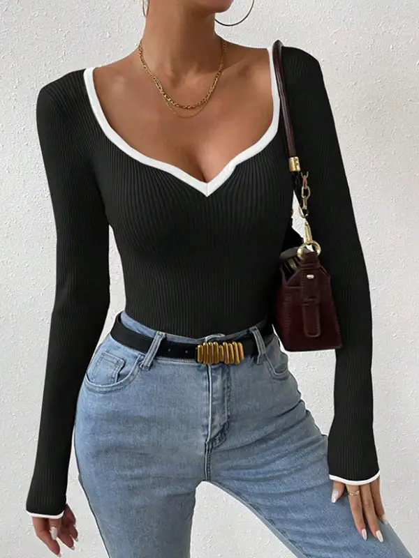 Long Sleeve Slim Fit Contrast Pleat Detail Panel Detail V-Neck T-Shirt