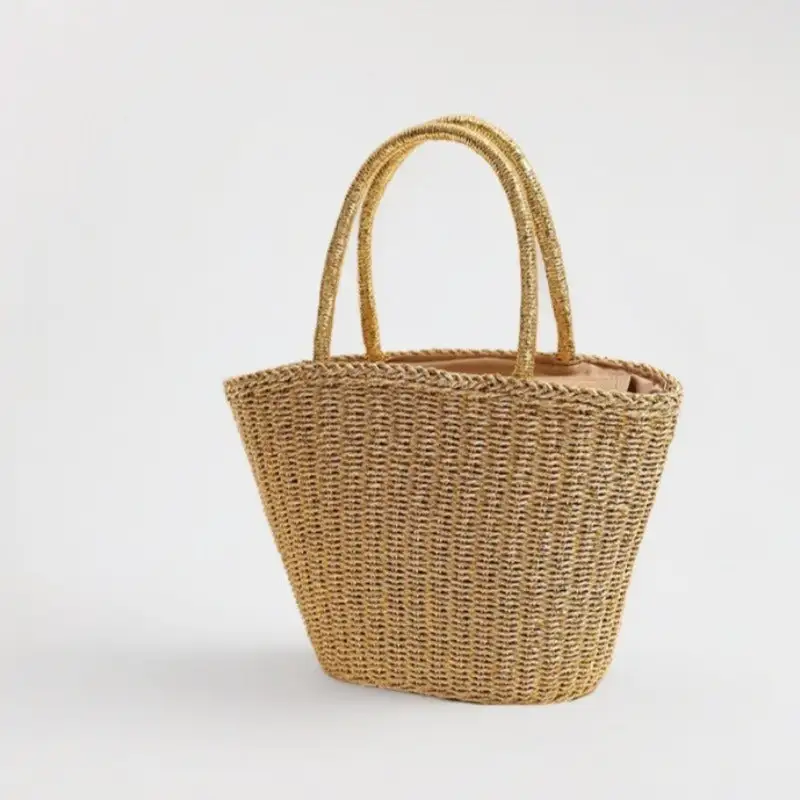 Handwoven Straw Tote Bag Thread Beach Vacation