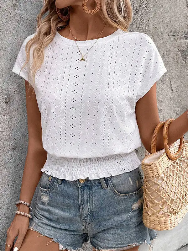 Relaxed Short Sleeve Elasticity Cutout Jacquard Round Neck T-Shirt