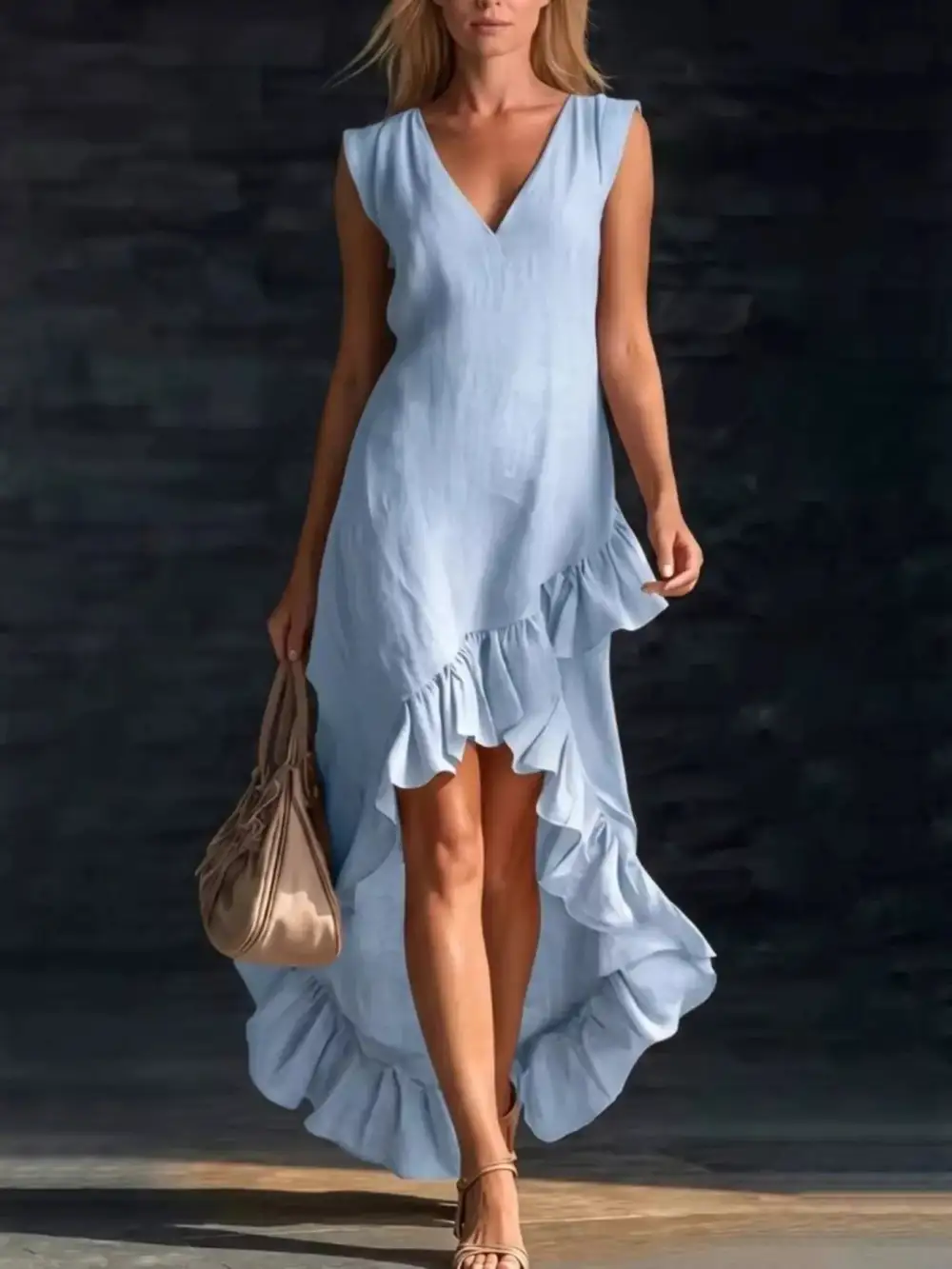 V-Neck Ruffle Hem High-Low Dress