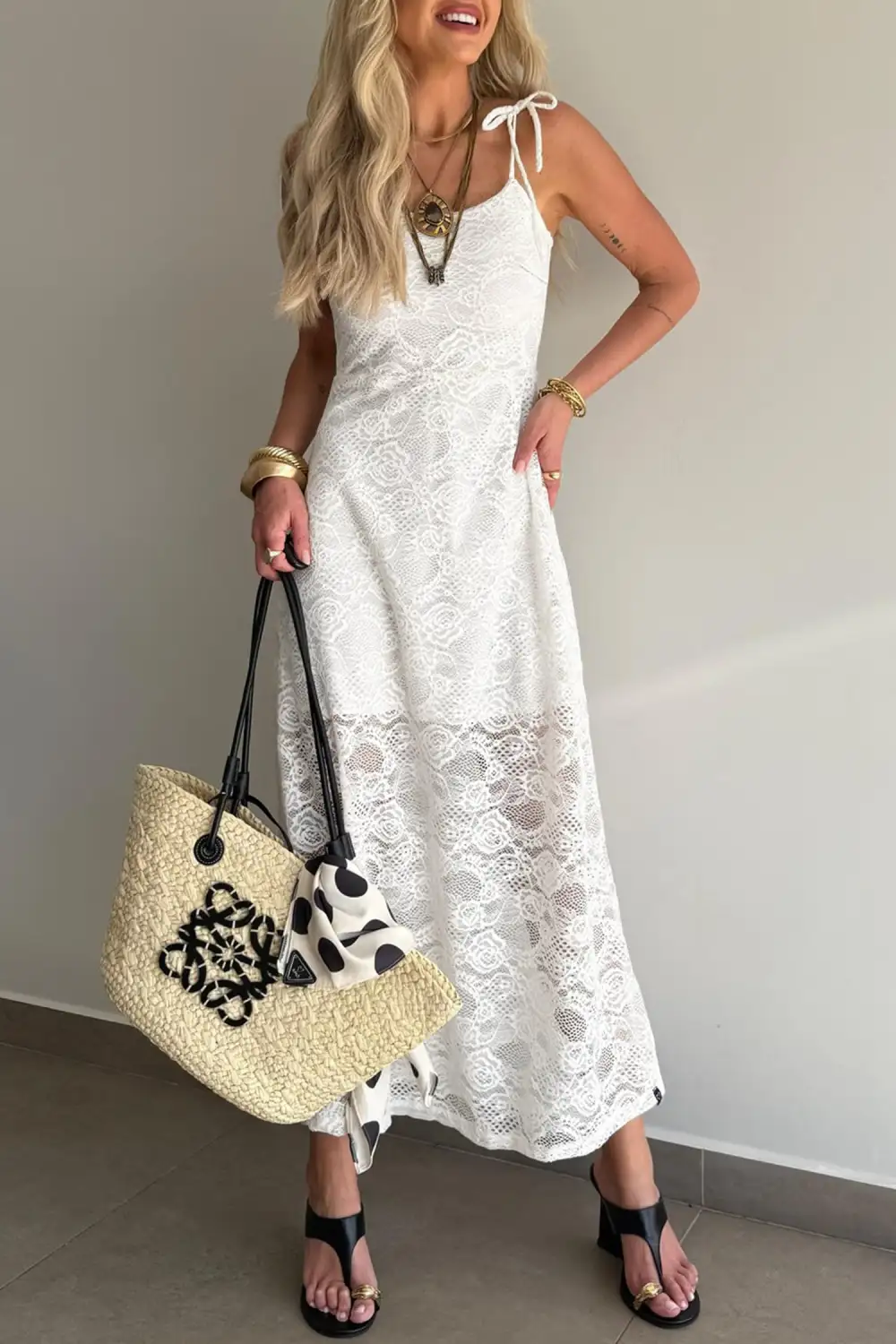 Maxi Tie Spaghetti Straps Floral Lace Overlay Long Dress