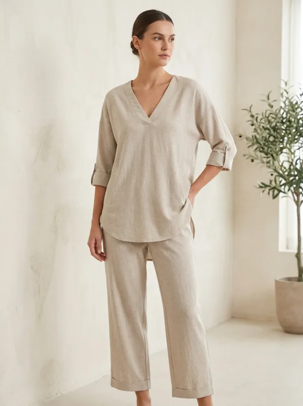 Short-Sleeve Rolled-Sleeve Linen-Blend Women's V-Neck Shirt