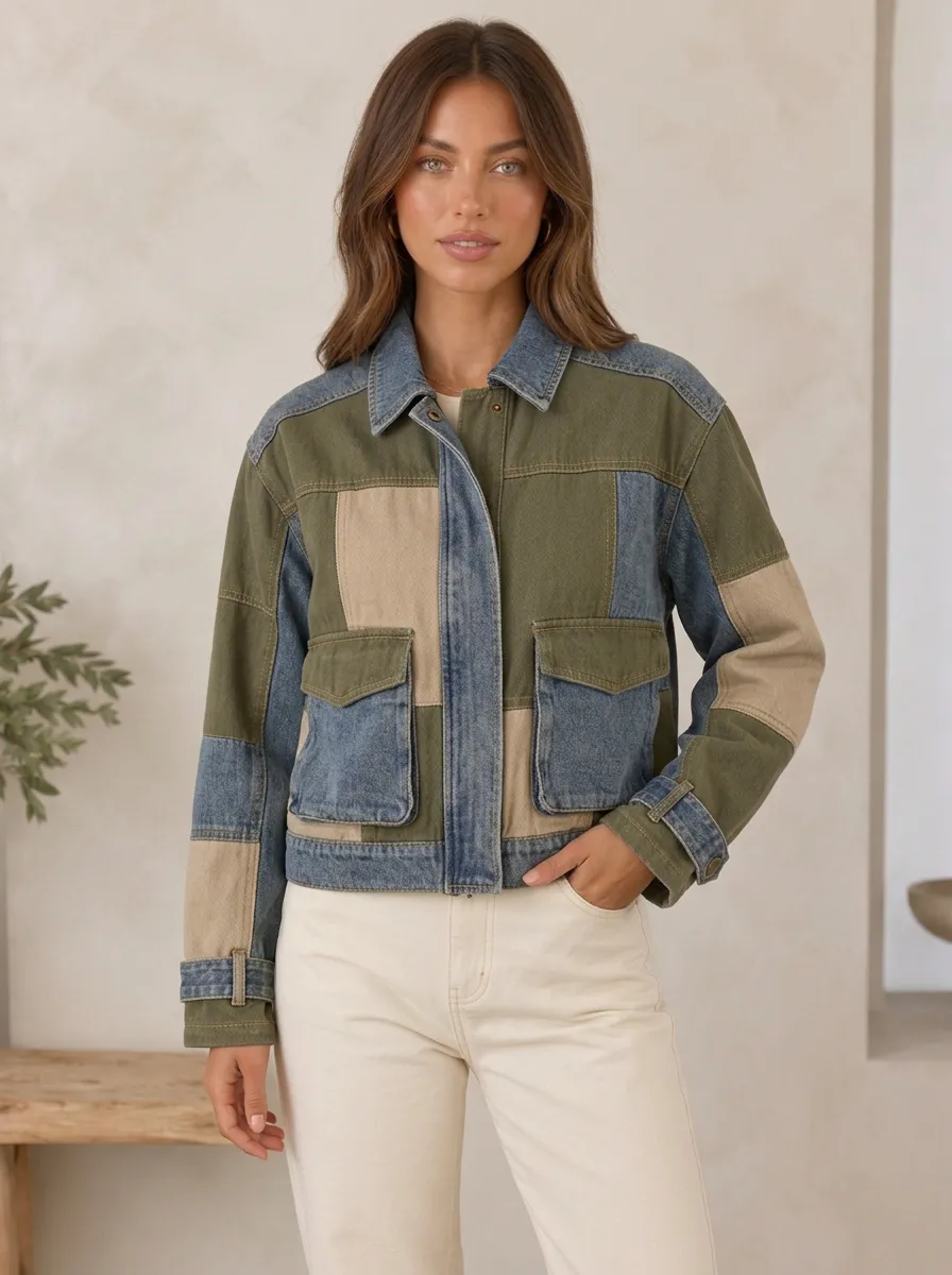 Women's Casual Fashion Patchwork Denim Olive Green Cotton Jacket