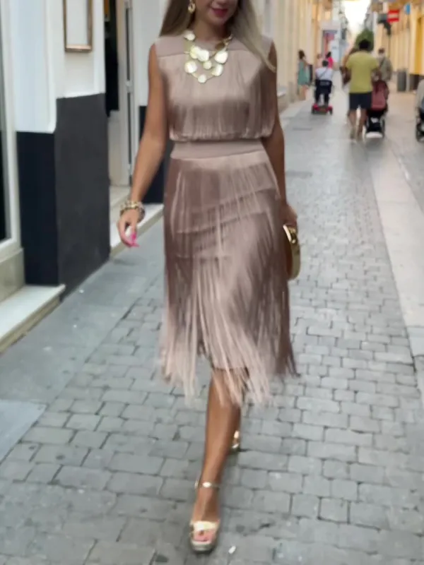 Elegant Sleeveless High Waist Slim Tassel Midi Dress