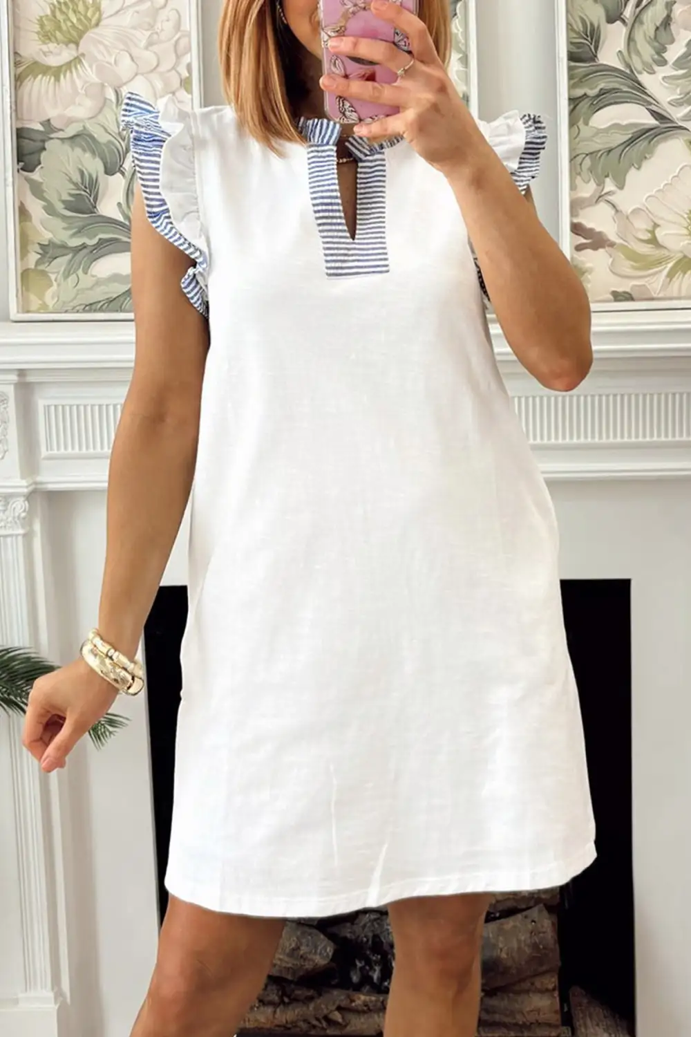 Striped Patchwork Split Neck Dress Casual