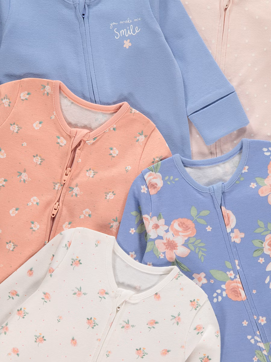 Floral Zip Fasten Long Sleeve Sleepsuits 5 Pack detail 1
