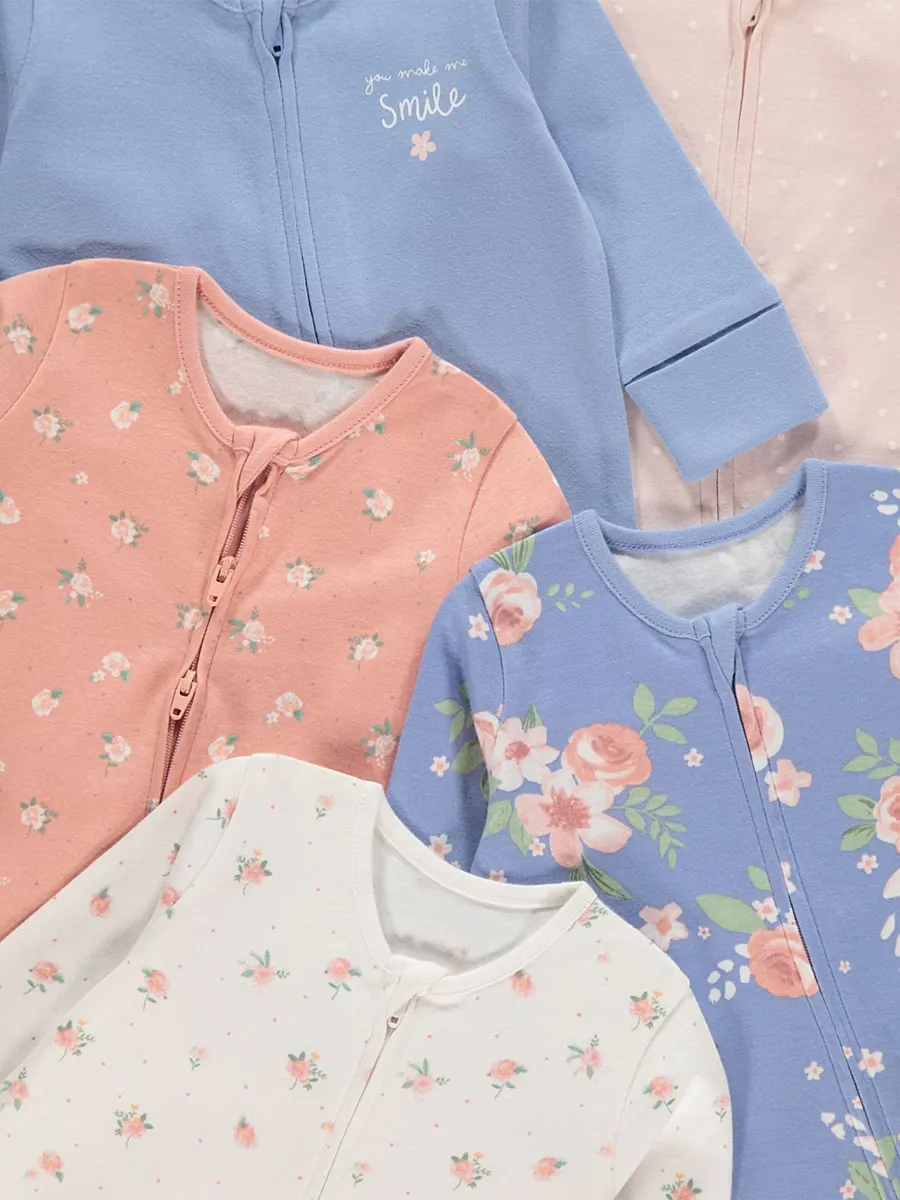 Floral Zip Fasten Long Sleeve Sleepsuits 5 Pack