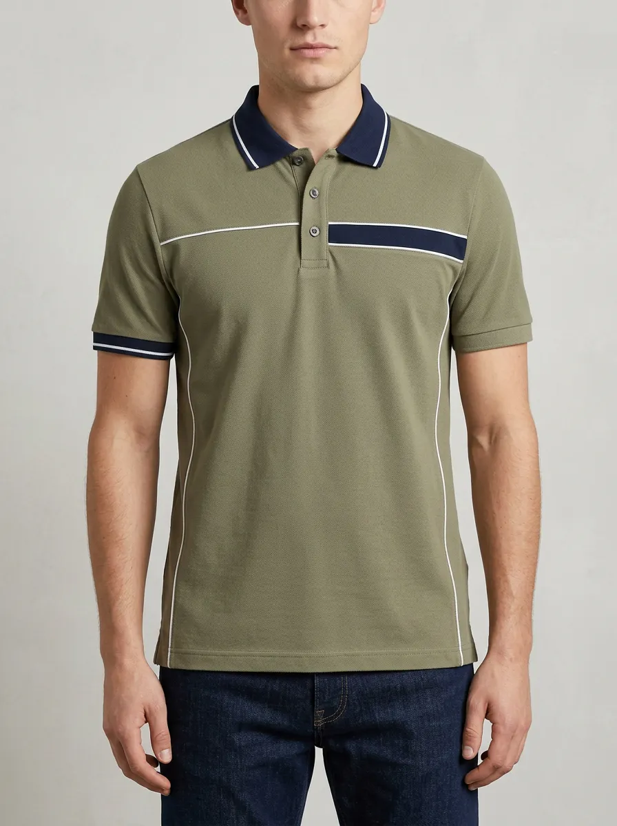 Men's Olive Green Contrast Stripe Panel Printed Polo Shirt