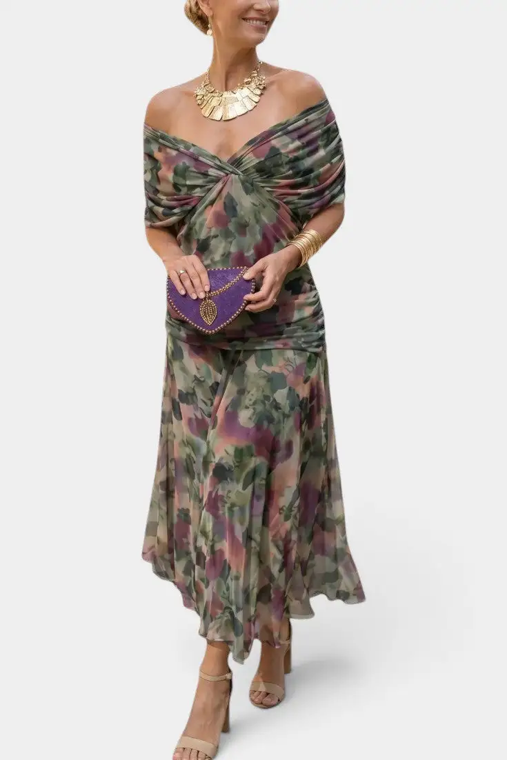 Off-Shoulder Watercolor-Print Maxi Dress