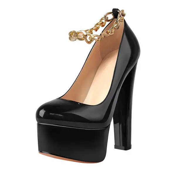 Patent Finish Round Toe Platform Chunky Heel Chain Accent Pumps