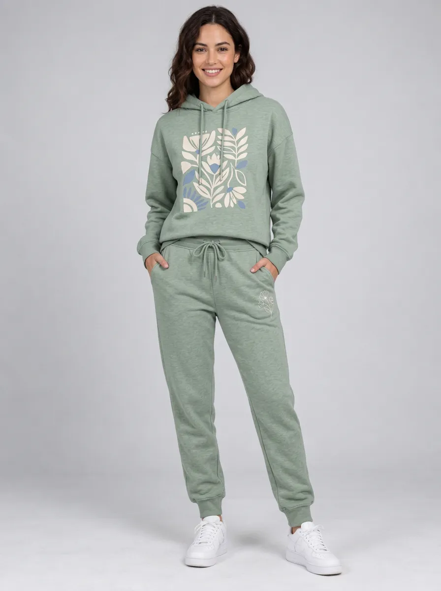Women's Sage Green Relaxed Fit Solid Hoodie & Jogger Pants Set