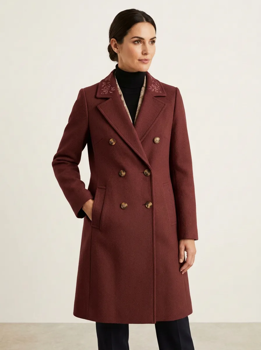 Women's Camel Floral Embroidered Collar Double-Breasted Wool Coat