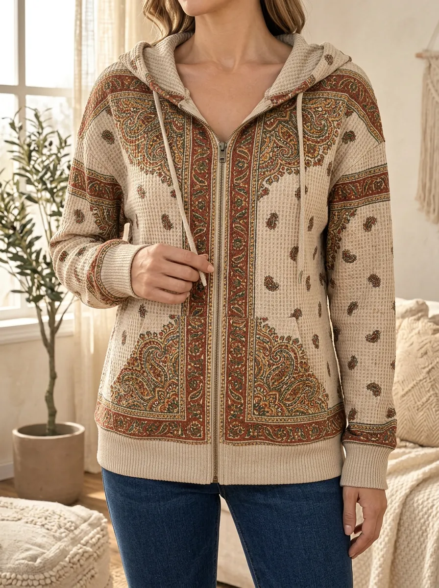 Women's Bohemian Paisley Signature Pattern Waffle Zip-Up Hoodie