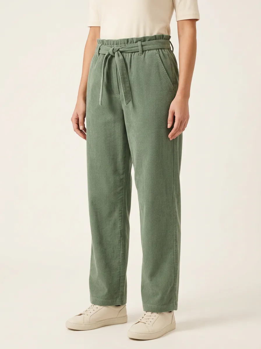 Women's Paperbag-Waist Tie-Front Straight-Leg Corduroy Pants