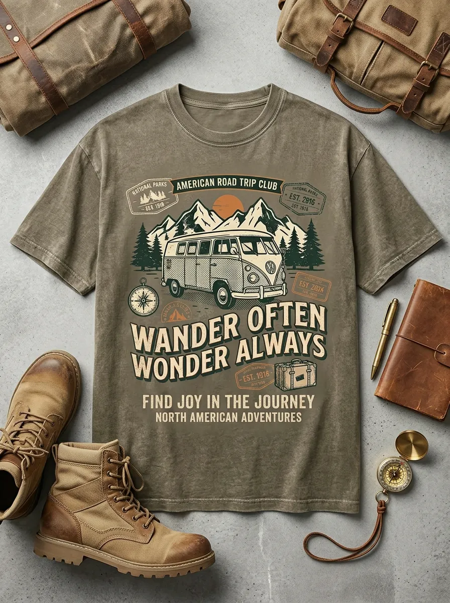 Unisex American Road Trip Camper Van Printed T-shirt