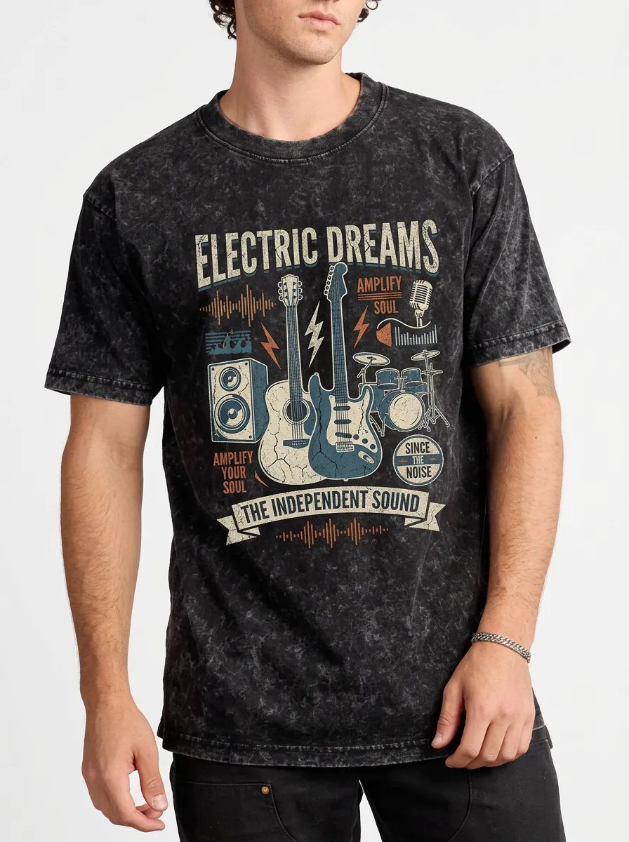 Men's Music Lover Electric Guitar Drum Printed T-shirt