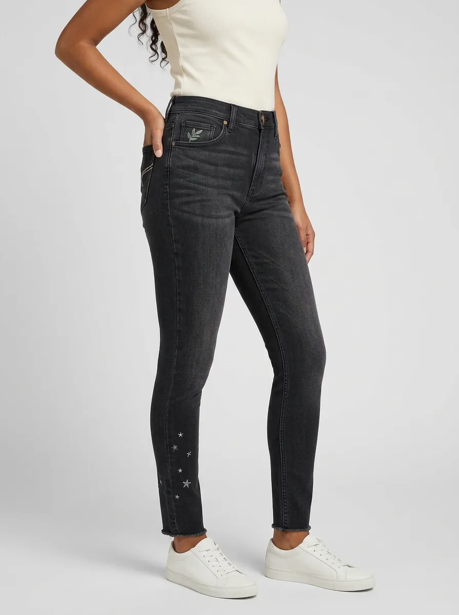 Women's Leaf Star Embroidered Black Printed Slim Jeans