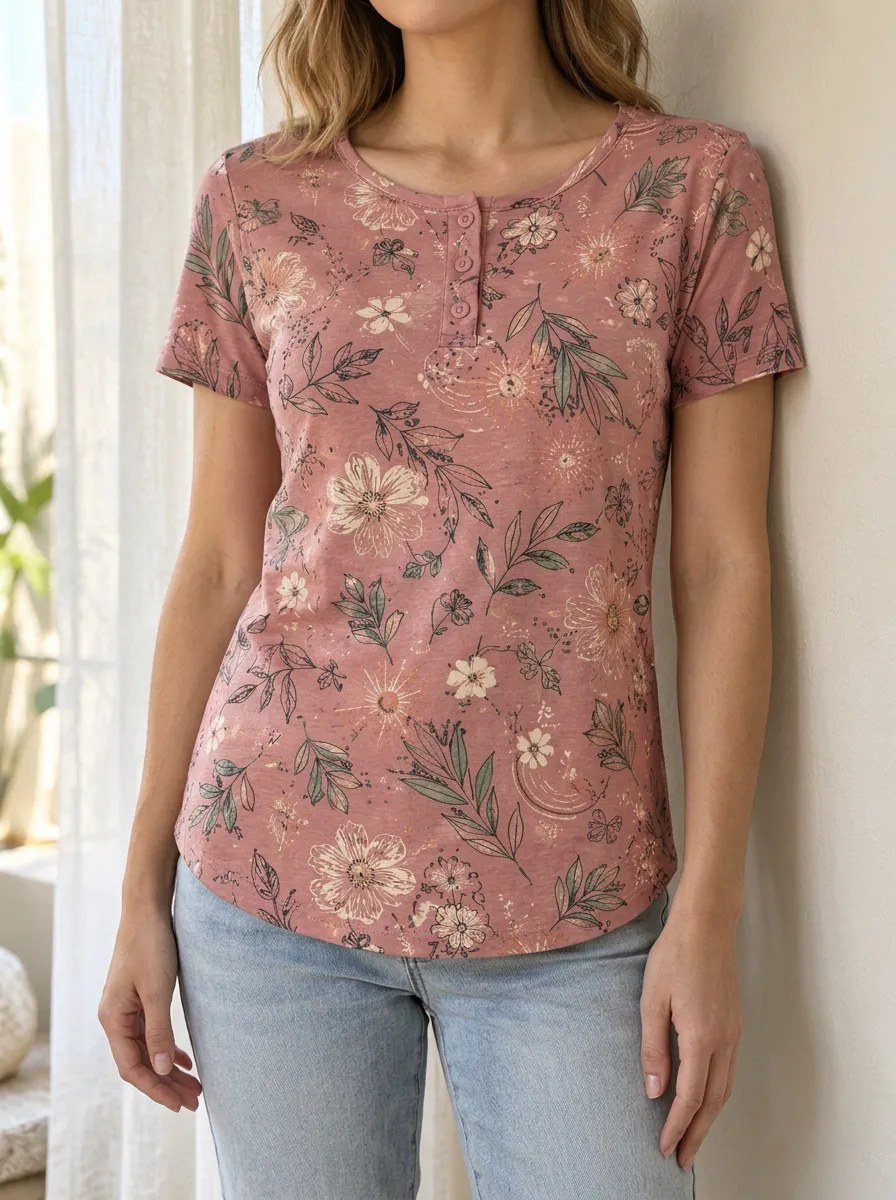 Women's Classic Floral Botanical Henley T-Shirt