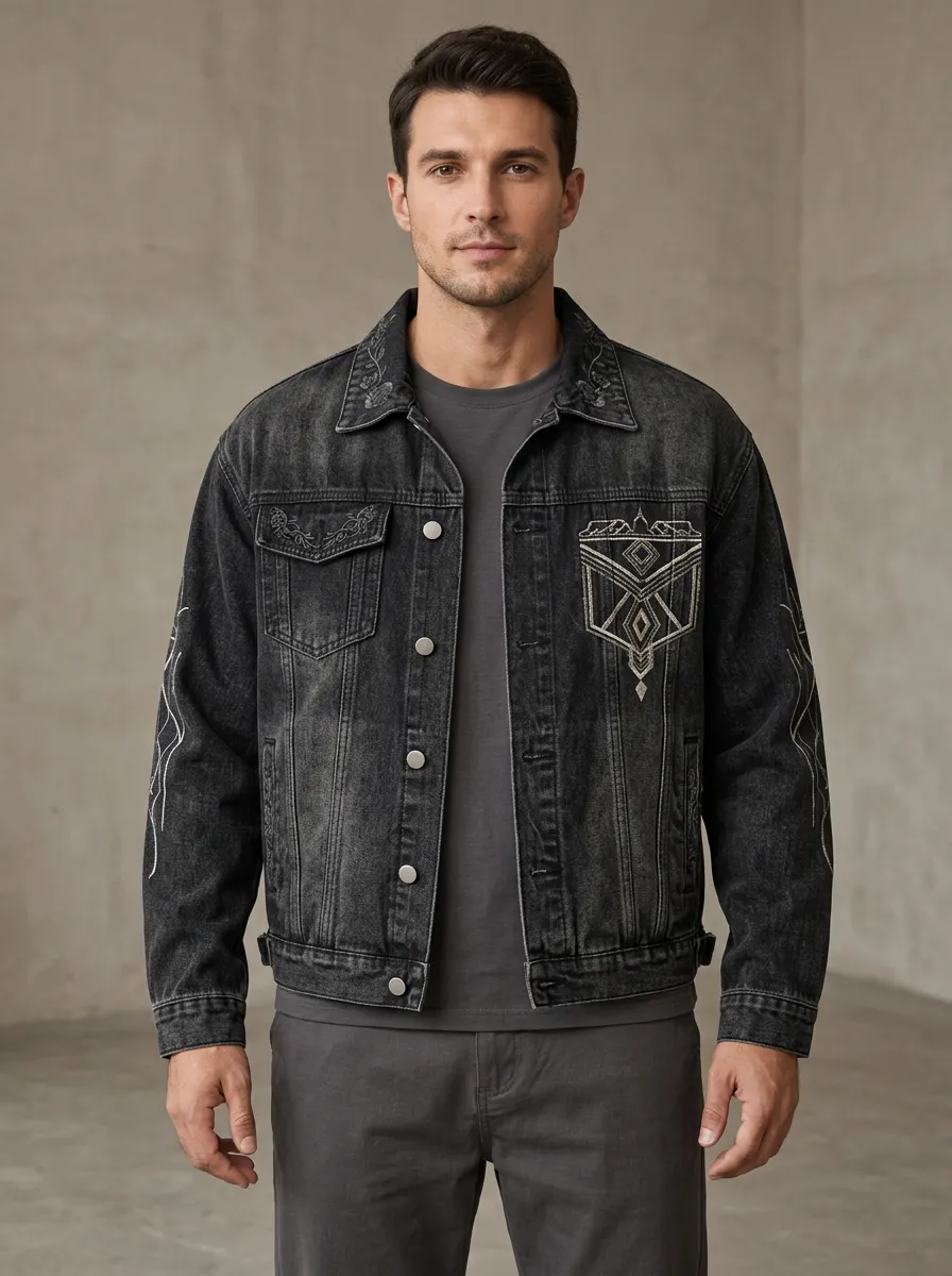 Men's Tribal Geometric Embroidered Washed Denim Jacket