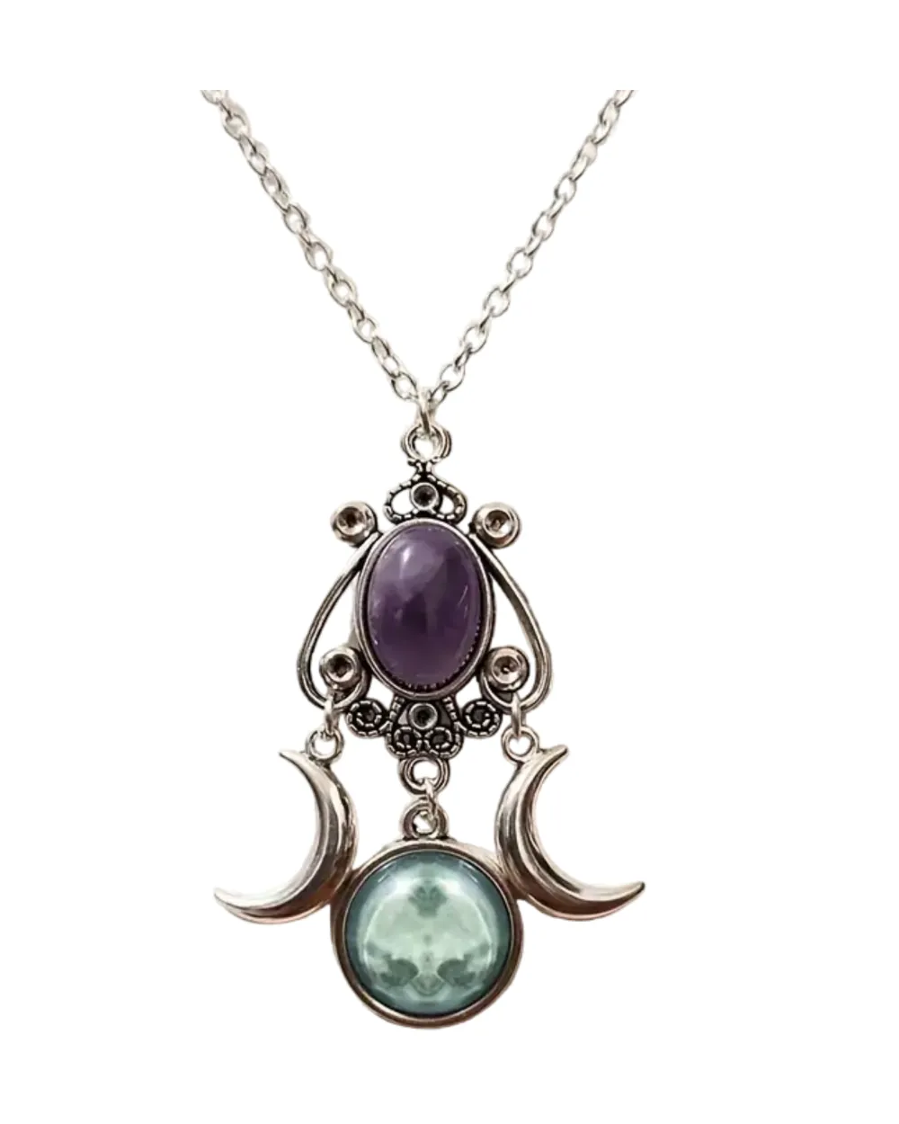 Women's Triple Moon Stone Pendant Necklace Chain