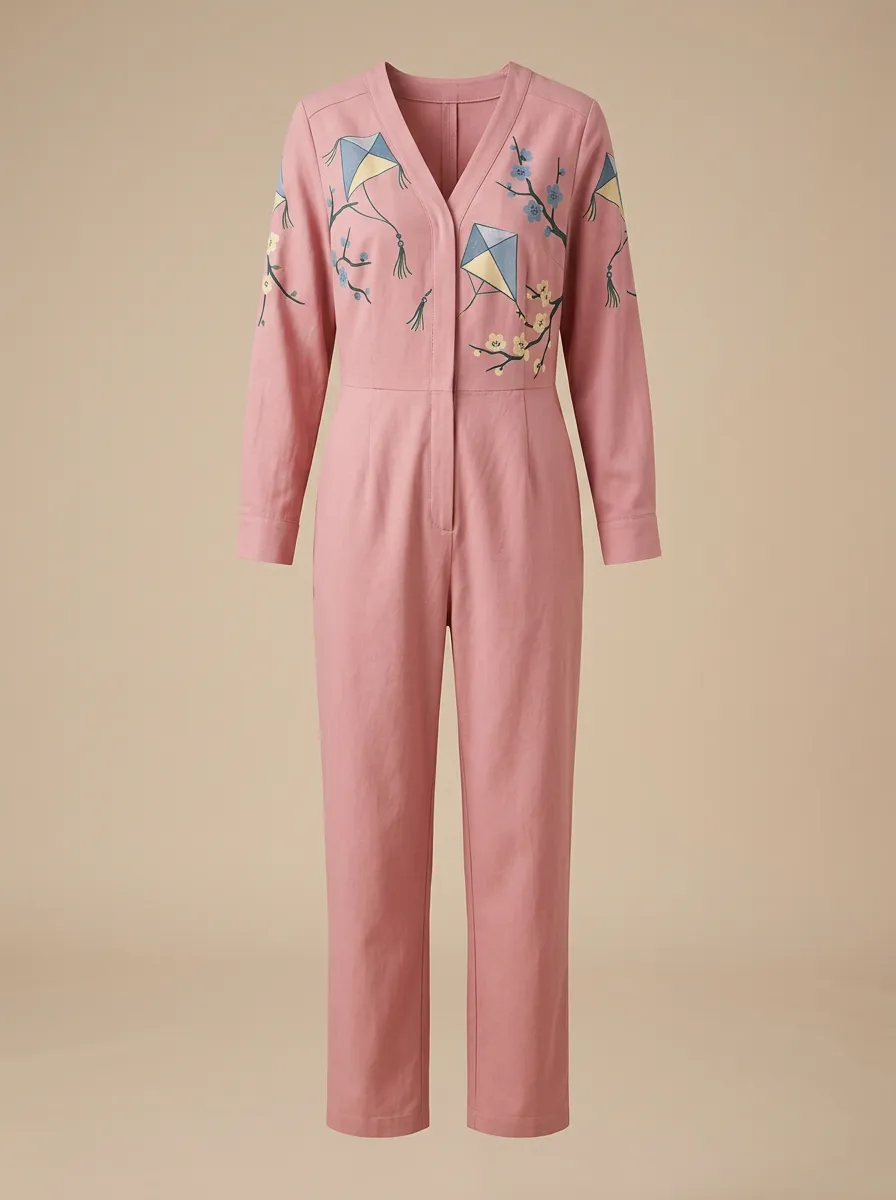 Women's V-Neck Embroidered Floral-Motif Jumpsuit