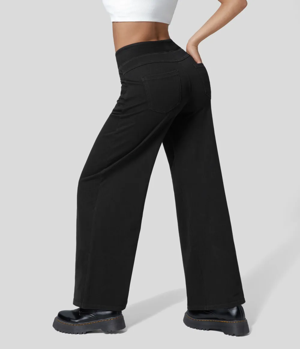 Magic High Waisted Multiple Pockets Wide Leg Loose Stretchy Knit Work Jeans