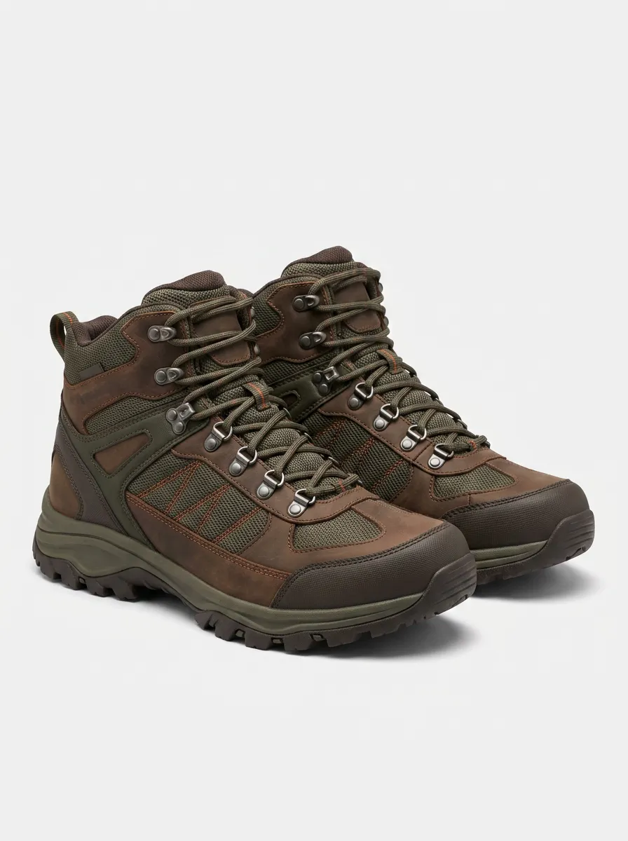 Men's Outdoor Hiking Brown Leather Mesh Printed Boots