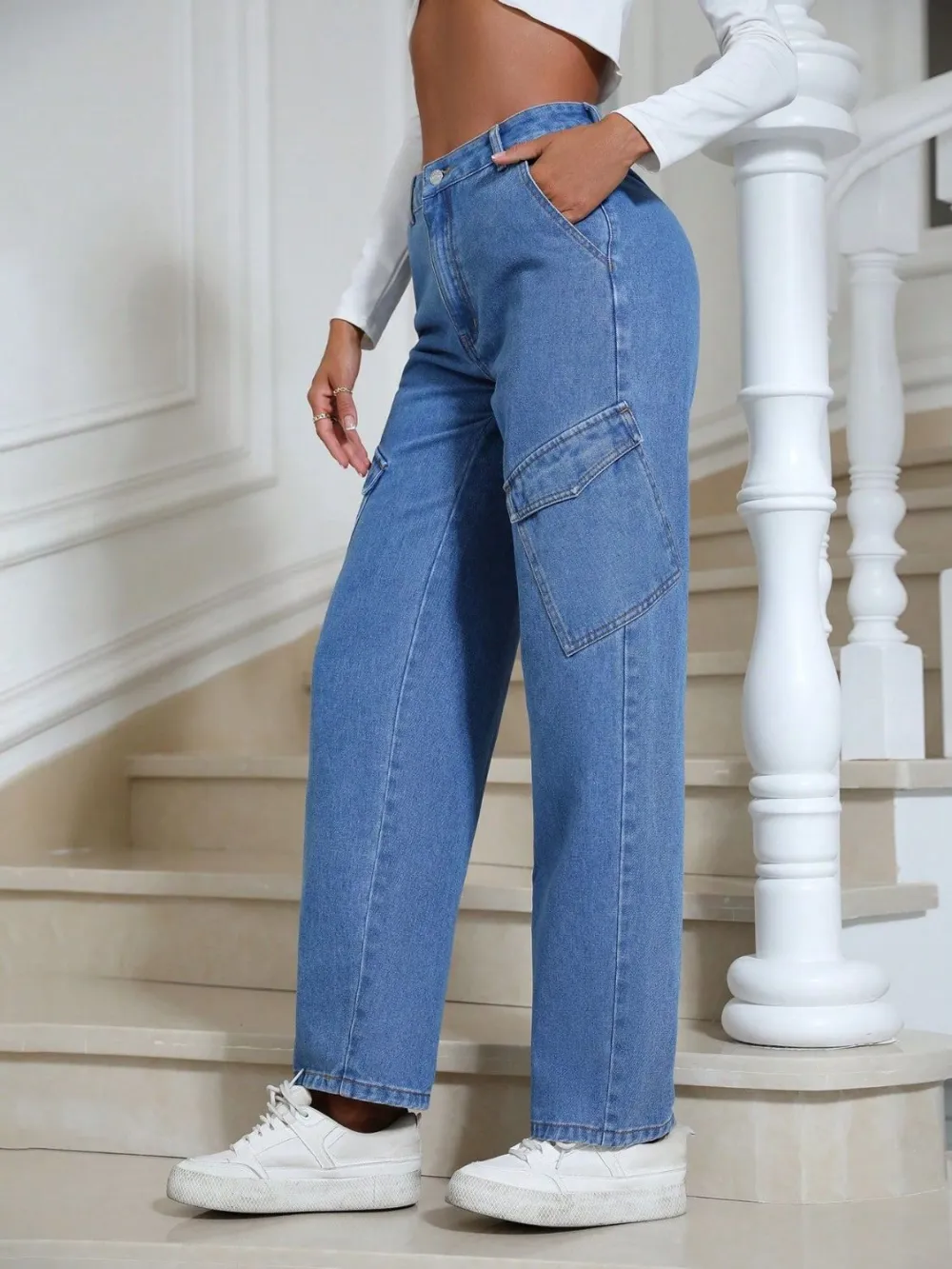 High Waist Straight Leg Pocket Denim Jeans