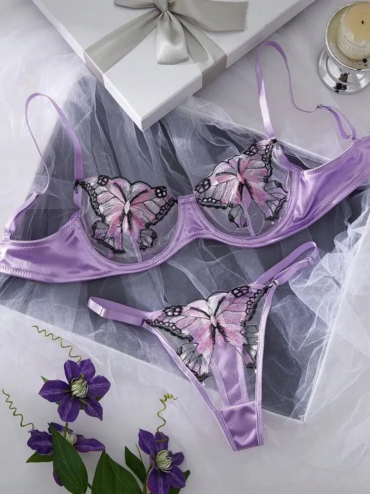 Classic Butterfly Embroidered Lingerie Set
