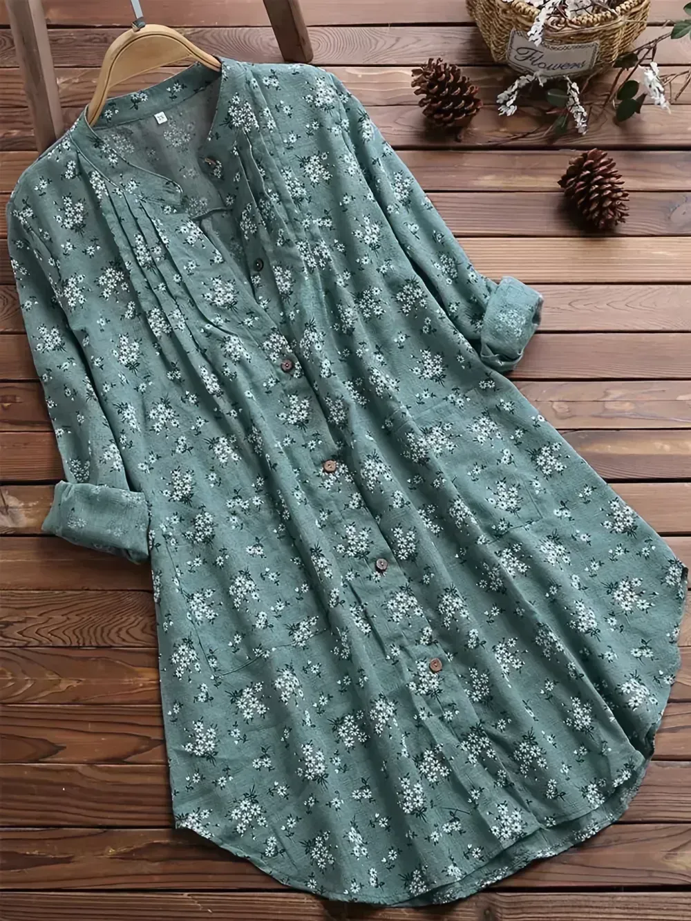 Plus Size Floral Print Long Sleeve Button Up Shirt, Women's Plus Turn Down Collar Casual Top