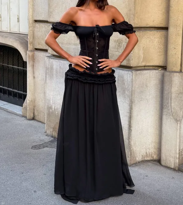 Black Lace Trim Puff Sleeve Corset Top