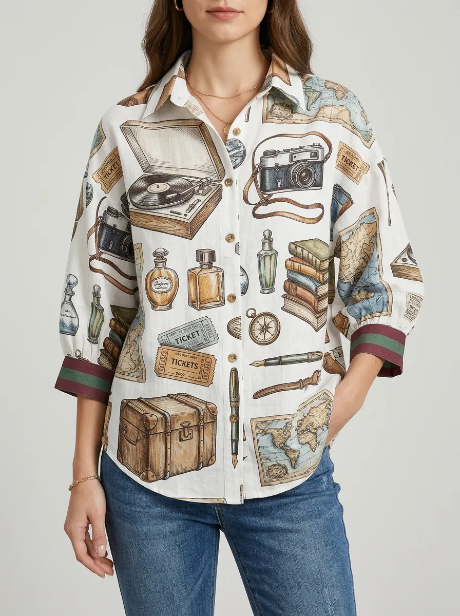 Women's Vintage Travel Map Camera Graphic Shirt