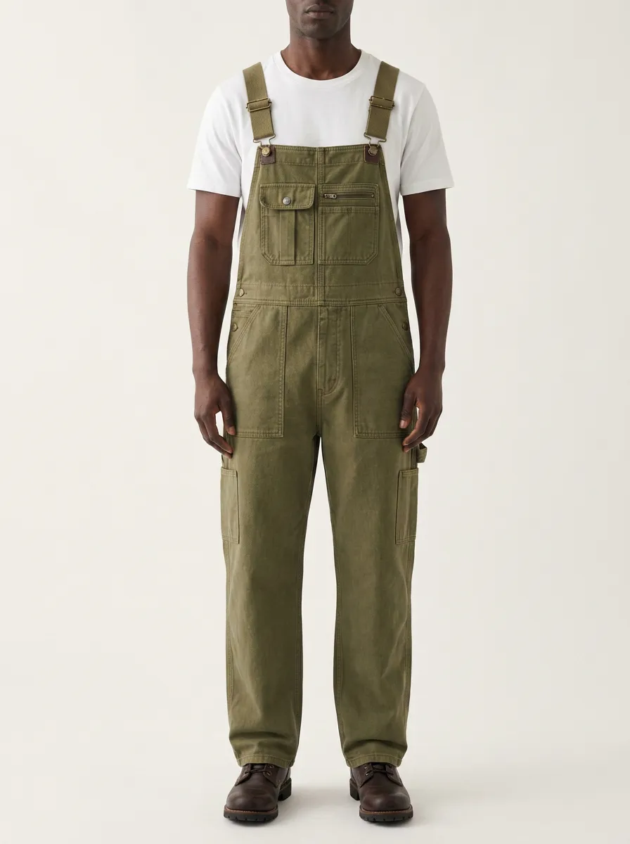 Men's Casual Utility Olive Green Cotton Cargo Overalls