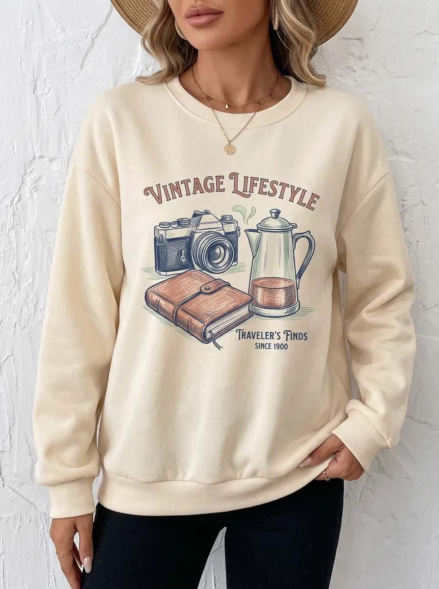 Women's Vintage Traveler Camera Coffee Journal Printed Sweatshirt